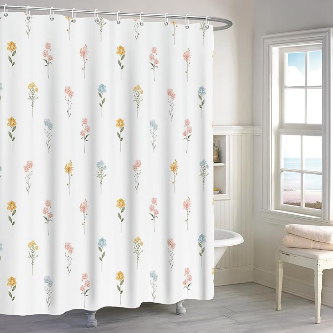 Floral Extra Long Shower Curtain, Wildflower Botanical Plant Leaves Cute Flower Spring Herbs Elegant Waterproof Fabric Machine Washable for Bathroom Bathtub Decor with Hooks 72Wx84H