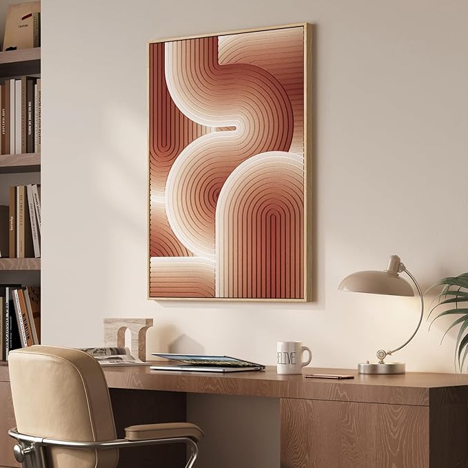 3D Textured Framed Boho Abstract Wall Art, Modern Terracotta Carved Geometric Paintings Artwork for Walls, Minimalist Wavy Line Pictures for Living Room Bedroom Dining Room Hallway Wall Decor 24x36 In