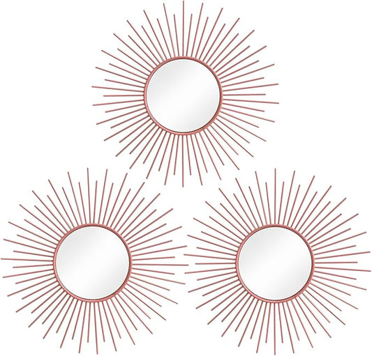 3 Pack Metal Mirrors for Wall Sunburst Wall Mirrors Home Décor Decorative Hanging Wall Art for Living Room Bedroom Entryway (Pink, Sunburst)
