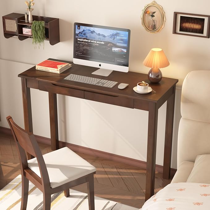 100% Solid Wood Desk with 2 Drawers, 39 x 16 Inch Narrow Mid Century Modern Desk, Vintage Small Wooden Writing Table for Small Spaces Bedroom, Living Room, Office