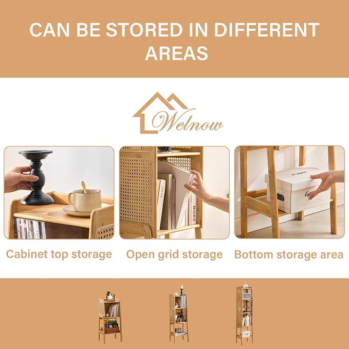 Welnow Bamboo Rattan Bookcase with Cabinet, 2-Tier Storage Shelf with Side Table & End Table Function, Large Modern Wood Organizer for Living Room or Bedroom, Natural Bookshelf