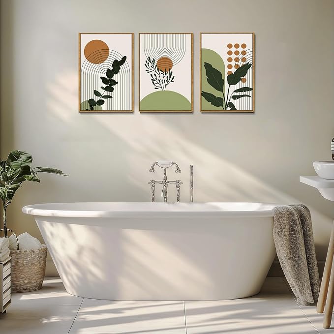 Bwodke Boho Wall Art, Framed Abstract Wall Art, Botanical Canvas Wall Decor, Mid Century Plant Leaf Geometric Pictures Set of 3, Minimalist Paintings, for Bedroom Living Room Bathroom 16"x24"