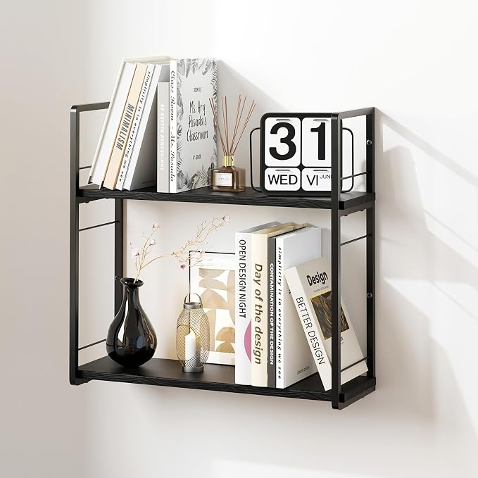 Floating Book Shelves for Wall, 2-Layer Wall Bookshelf for Book Storage, Space Saver, 16in Stud Hanging Shelf, Bedside Shelf for Living Room Bedroom Office, Black
