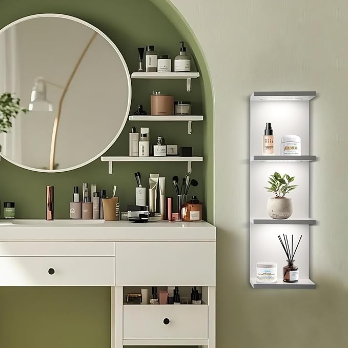 4-Tier Wall Shelf Unit with LED Lights, Floating Lack Shelf for Home Decor, Wall Mounted Vertical Display Shelf for Bedroom Living Room Vanity, White