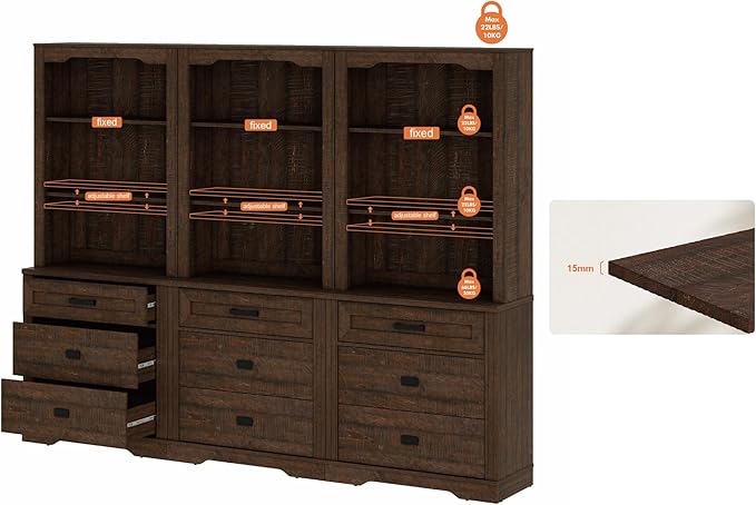 WAMPAT 3 Column 73.3" Tall Bookcase with Chest of Drawers, 94.5 inch Wide Standing Rustic Bookshelves, Modern Farmhouse Display Storage Cabinet with Adjustable Shelves,Dark Wood Brown