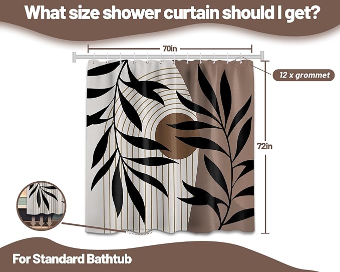 Brown Shower Curtain Boho Mid Century Dark Brown Shower Curtains for Bathroom Decor, Black and Tan Waterproof Cloth Fabric with Hooks, 70" W x 72" L