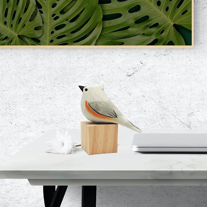 DIYOMR Hand Carved Wooden Bird Sculpture, Artistic Animal Decor, Vivid White Bird Statue for Home Table Ornament