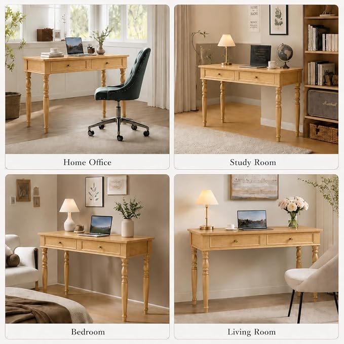 Walnut Writing Desks with Drawers, 47" Solid Wood French Country Style Computer Desk for Home Office, Living Room Study Workspace or Bedroom, Traditional Vanity Dressing Table