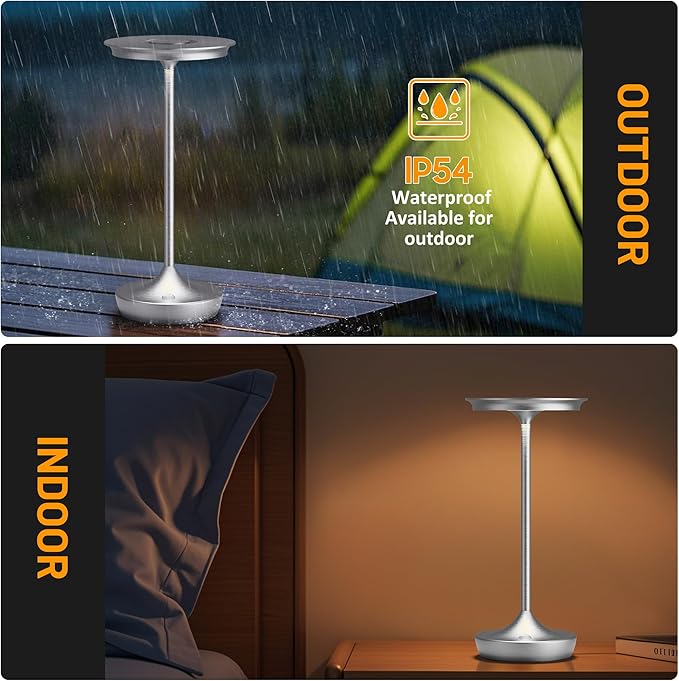 LED Cordless Table Lamps Rechargeable - Outdoor 6000mAh Battery Operated Portable Tables Light 3 Color Stepless Dimming Lamp with Memory Function for Patio Restaurant Dining Silver