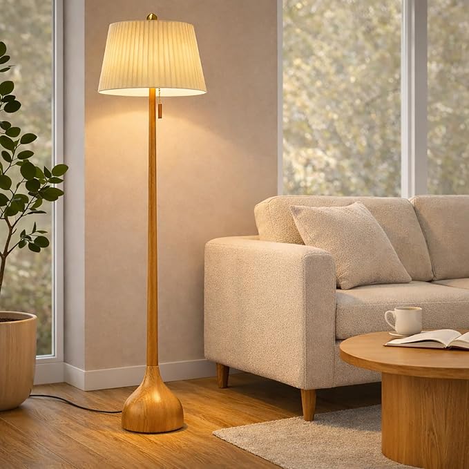 MOFFE 65" Mid Century Modern Vintage Real Wood Floor Lamp with 2 Shades for Two Looks, Sculptural Standing Lamp with Teardrop Base & Wooden Pull Chain for Living Room Bedroom Sofa Side (Bulb Included)