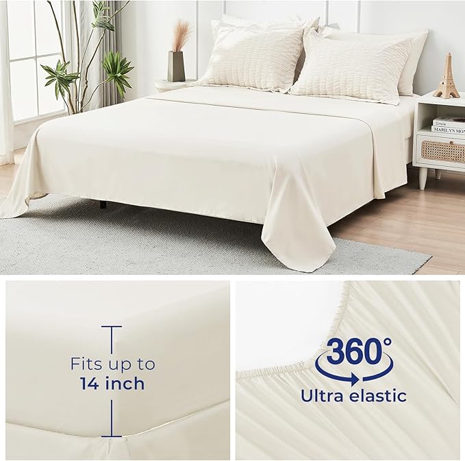 HYMOKEGE Ivory Queen Comforter Set Seersucker 7 Pieces, All Season Luxury Bed in a Bag for Bedroom, Bedding Set with Comforters, Sheets, Pillowcases & Shams