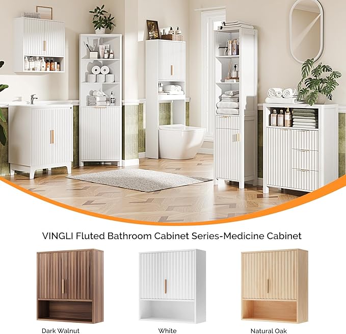 VINGLI White Bathroom Wall Cabinet, Modern Fluted Medicine Cabinet with Gold Handles, Wall Mounted Storage Over Toilet with Adjustable Shelf, Soft Close Hanging Organizer for Kitchen, Laundry Room