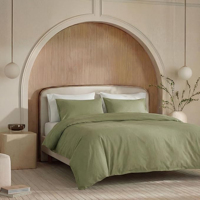 100% Washed Cotton Duvet Cover Queen Size – Avocado Green, Linen-Like Texture, Super Soft & Breathable Bedding Set, 3-Piece Durable Percale Comforter Cover