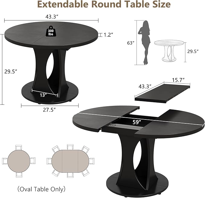 Einhomn 59" Extendable Round Dining Table for 6-8, Kitchen Table with Sturdy Double Arc Base & Backboard Clasp Desktop, Mid-Century Modern Dinner Table, Kitchen Dining Room, Space Saving, Black