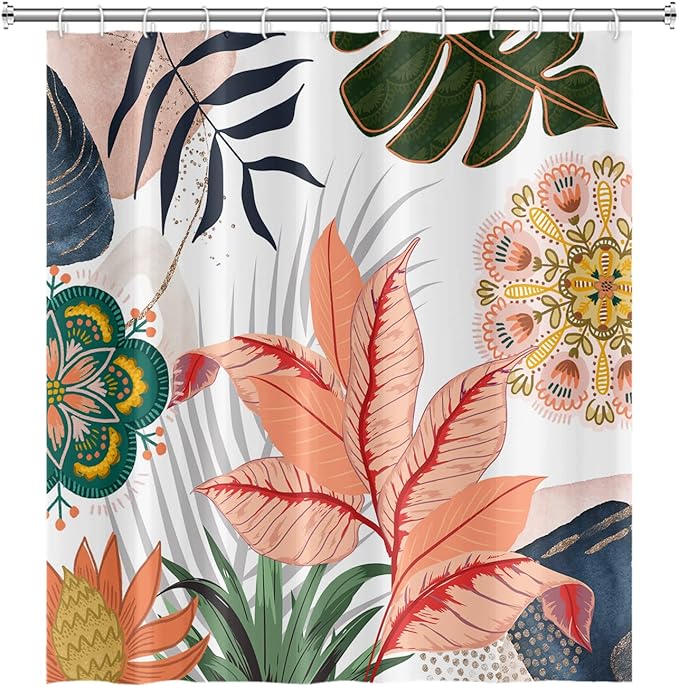Abstract Mid Century Bathroom Shower Curtain - Colorful Boho Tropical Leaves With Hooks, Polyester Waterproof Fabric, Home Bathtub Decorative, 48x72 Inch