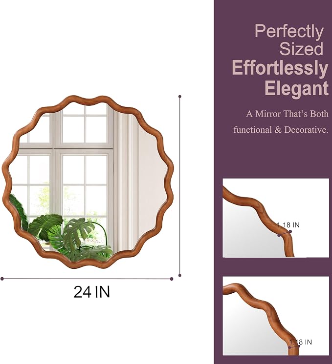 24" Wavy Round Solid Wood Frame Decorative Mirror, for Bedroom, Bathroom, Living Room, Entryway, HU26052223 (Brown)