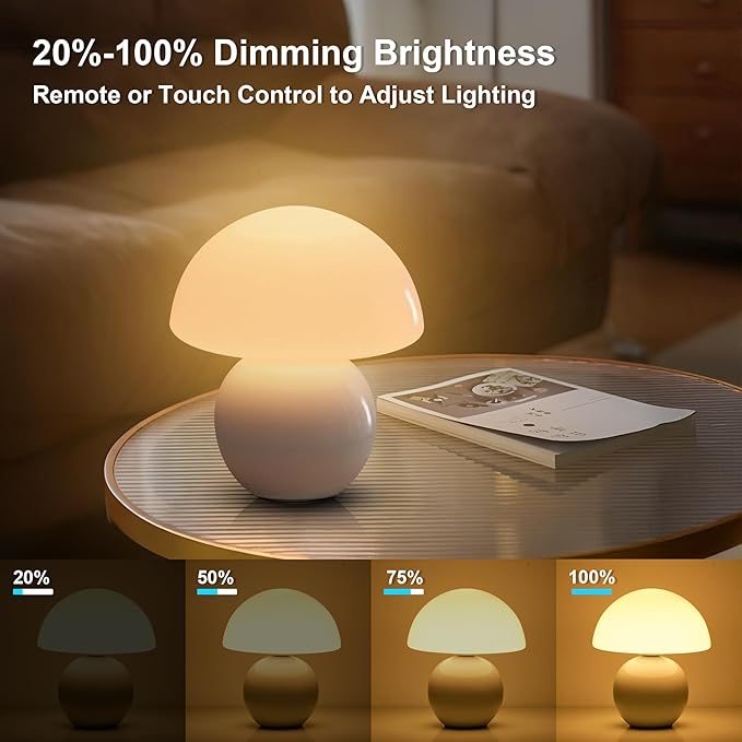 Cordless Cute Mushroom Lamp with Remote Control, Cordless Lamps for Tables, 9 RGB, 3 Color Temperature, Stepless Dimmable, Timer, Memory, Unique Aesthetic Home Decor for Living Room (White)