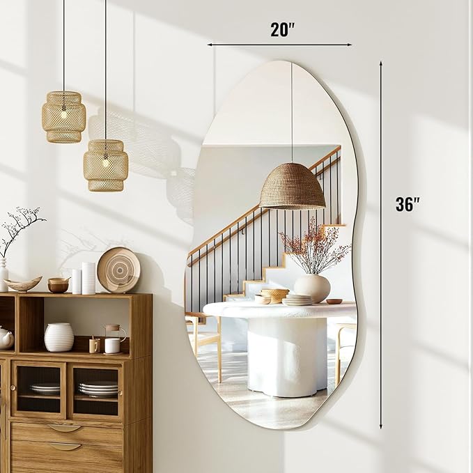 Irregular Wall Mirror, 36 x 20 Inch Asymmetrical Frameless Mirror for Bathroom, Living Room, Bedroom, Modern Abstract Vanity Mirror with Shatter-Proof Glass