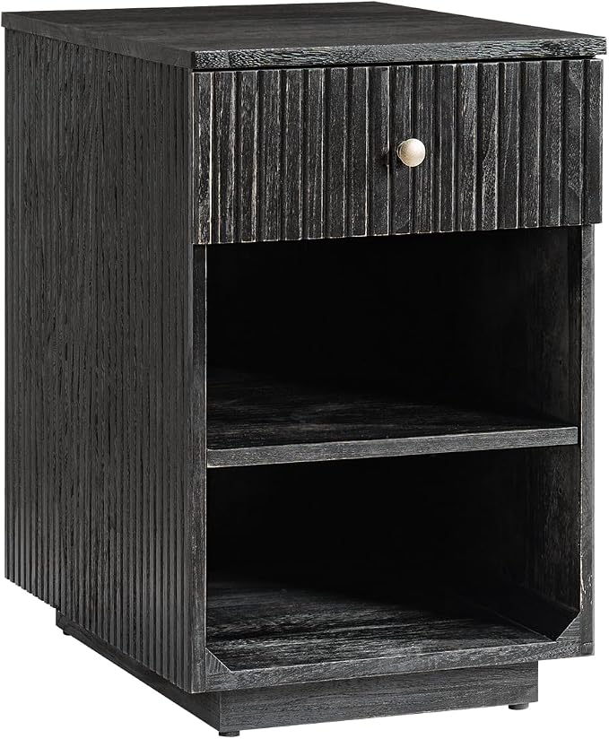 HULALA HOME Mid-Century Modern End Table with Drawer and Open Shelves, Solid Paulownia Wood Side Table, Brass Knob, No Assembly Required(Charcoal)