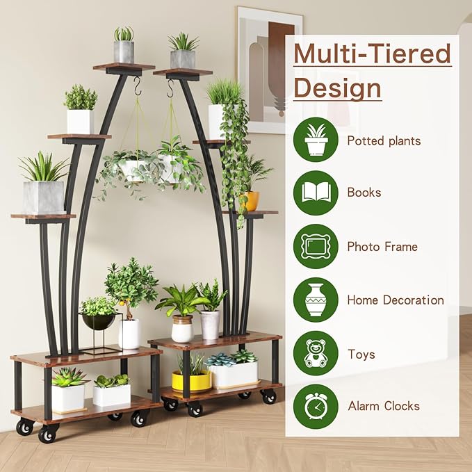 5-Tiered Tall Plant Stand Indoor, Cone-shaped Metal Plant Stand with Wheels and Hanging Hooks, Farmhouse Wood Plant Shelf Indoor for Living Room, Balcony, Garden, Rustic Brown (2 Pack)