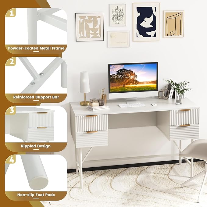 Tangkula White Desk with 4 Drawers, 48 Inch Home Office Desk with Storage, Modern Computer Desk Study Writing Desk with Metal Frame for Bedroom, Study, Office