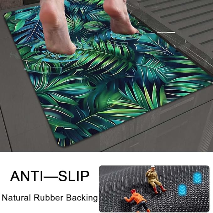 Bath Mat Rug,Green blue tropical leaves Non Slip Quick Dry Super Absorbent Thin Bathroom Rugs Fit Under Door-Easy to clean Bathroom Floor Mats-Shower Rug for Shower Sink Bathtub(17" x 27.5"In)