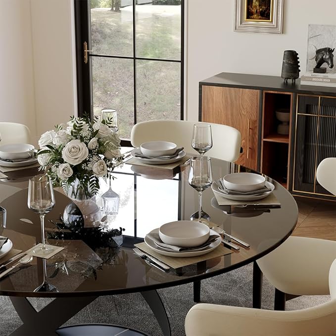 POVISON 59" Modern Round Dining Table, Glass Round Kitchen Table for 6, Tempered Glass Dining Room Table top with Black X Carbon Steel Base (Dining Table Only)