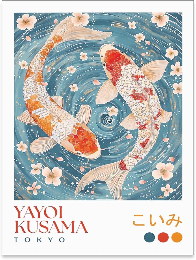 EOLRCIG Light Blue Koi Fish Wall Art Japanese Yayoi Kusama Canvas Poster Modern Vintage Animal Aesthetic Paintings for Living Room Bedroom Dorm Wall Decor 12X16 inch Unframed
