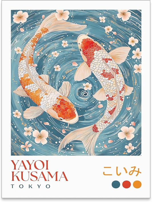 EOLRCIG Light Blue Koi Fish Wall Art Japanese Yayoi Kusama Canvas Poster Modern Vintage Animal Aesthetic Paintings for Living Room Bedroom Dorm Wall Decor 12X16 inch Unframed