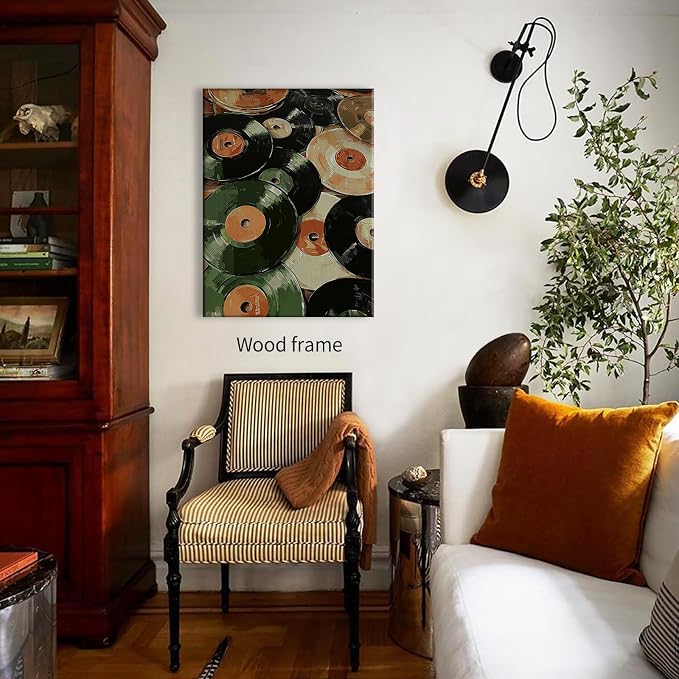 Music Vinyl Records Poster Vintage Abstract Mid Century Wall Art Modern Trendy Canvas Aesthetic Prints for Living Room Bedroom Wall Decor 08x10 inch Wood Framed Music Lovers Gifts