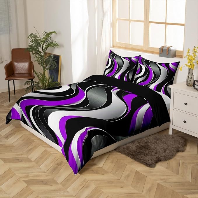 Erosebridal Geometric Wavy Lines Duvet Cover Queen for Kids Teens Adults,Minimalist Abstract Art Comforter Cover,Modern Aesthetic Bedding Set,Purple Grey Black Bed Set with 2 Pillowcases Bedroom Decor