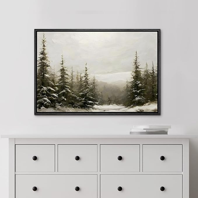 MUDECOR Framed Canvas Print Wall Art Winter Pine Forest Landscape Minimalist Nature Wilderness Antique Retro Fine Art Illustrations Decorative for Bedroom - 24"x36" Black