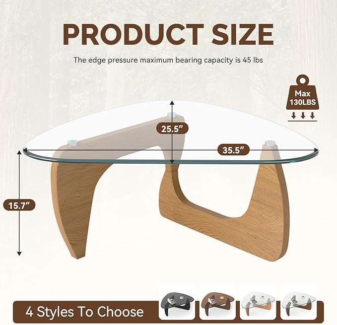 Modern Glass Coffee Table, Triangle Center Table with Tempered Glass Top& Unique Wooden Base, 35.5” Mid Century Tea Tables for Living Room, Apartment, Office,Wood &Transparent