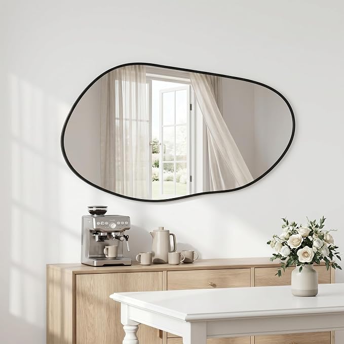 38 x 20 Inch Irregular Wall Mirror, Large Asymmetrical Black Decorative Mirror with Matte Aluminum Frame, Tempered Glass Organic Shape Mirror for Bathroom, Entryway, Living Room