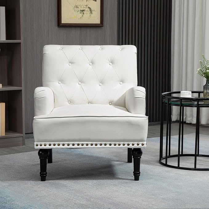 MOJAY Modern PU Leather Accent Chair Set of 2, Mid-Century Living Room Lounge Club Chair with Rivet Trim, Single Sofa Reading Arm Chair for Bedroom Home Office Study Lounges(White)