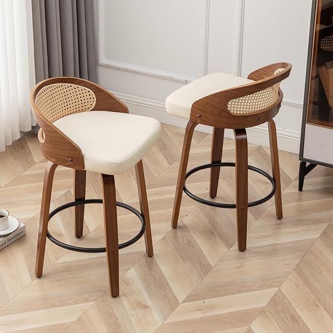 30" Swivel Rattan Bar Stools Mid-Century Modern Faux Leather Upholstered Bar Height Stools Kitchen Island Barstool with Rattan Low Backrest,Walnut Wood Finish Bar Chairs,Beige PU,1PCS