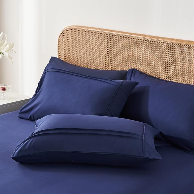Yogeneg Queen Comforter Set 7 Piece Bed in a Bag,Grid Pinch Pleat Navy Blue Bedding Set,Striped Textured Soft Microfiber Comforter with Sheet Set,All Season Complete Bed Set(Navy Blue,Queen)