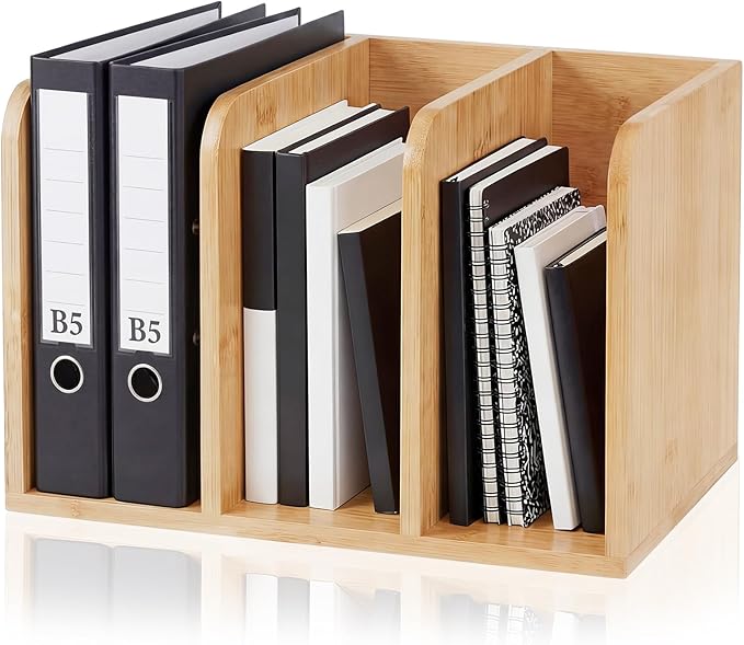 Novabright Bamboo Wooden File Magazine Holder Desk Organizer, 3 Vertical Compartments Workspace Sorters for Magazines, Binders, Notebooks, Envelopes