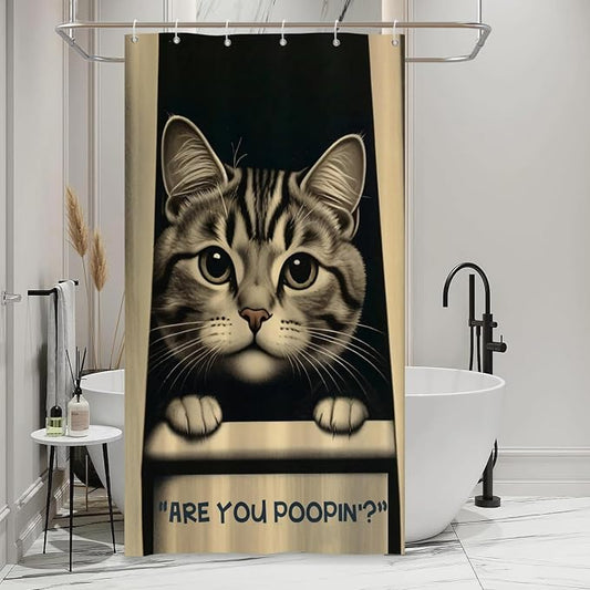 Cat Shower Curtains Cute are You Poopin' Funny Humorous Animal Whimsical Bathroom Curtain Curious Joke Cat Shower Curtain Sets for Bathroom Extra Long 54x72 in with 10 Hooks