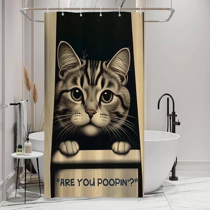 Cat Shower Curtains Cute are You Poopin' Funny Humorous Animal Whimsical Bathroom Curtain Curious Joke Cat Shower Curtain Sets for Bathroom Extra Long 36x72 in with 6 Hooks