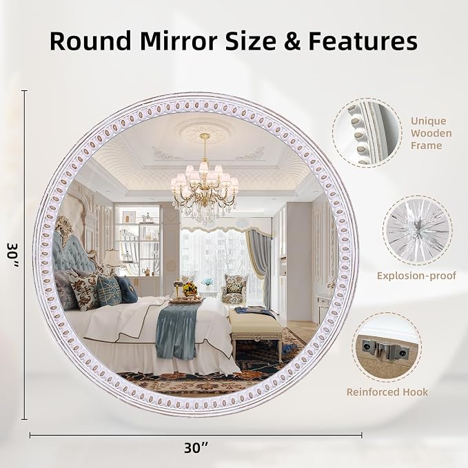 30 Inch Round Wood Mirror for Wall Decor | Decorative Circle Mirrors for Bathroom, Entryway, Bedroom, Living Room