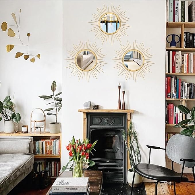 Cityelf 3 Set Gold Sunburst Mirrors for Wall Decorative Metal Mirrors Small Mirror Sets Decor Hanging Mirror Wall Sculpture for Bedroom Living Room Entryway