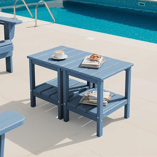 SERWALL 2-Tier HDPE Outdoor Side Tables Set of 2, Weatherproof Rectangular Adirondack Side Table, Blue