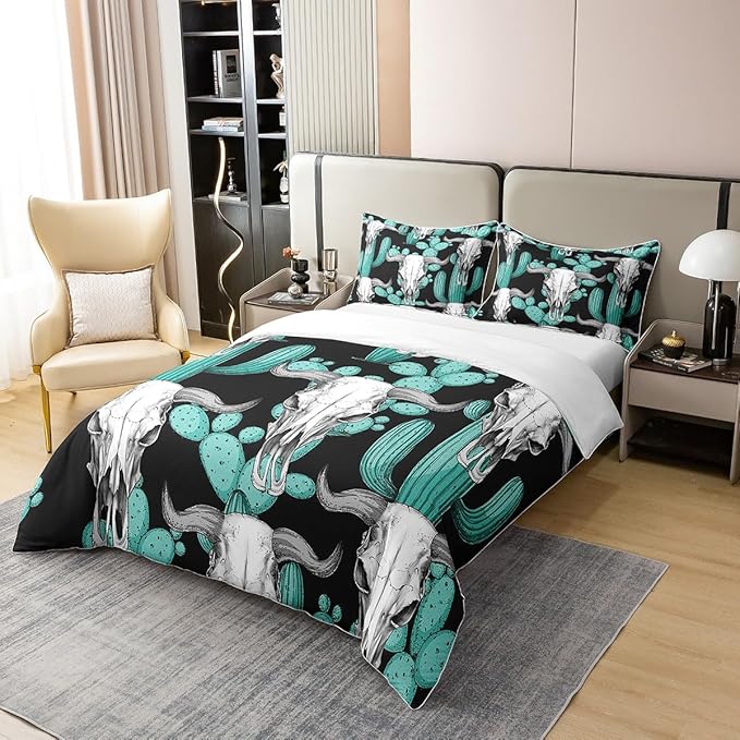 100% Cotton Buffalo Skull Duvet Cover Twin Cactus Bedding Set Wild West American Desert Tribal Comforter Cover Boho Western Botanical Room Decor Teal Black Ethnic Quilt Cover for Boys Men
