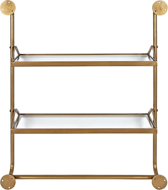 Kate and Laurel Marit Modern Industrial Wall Shelf with Metal Pipe Supports and Glass Shelves, Gold