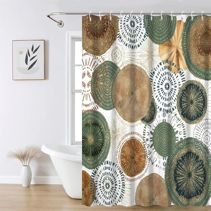 Mid Century Retro Bohemian Shower Curtain for Bathroom Green and Brown Circle Shower Curtains Abstract Geometric Design Bathroom Decor Set Washable Waterproof Polyester Fabric with Hooks 60x72 Inch