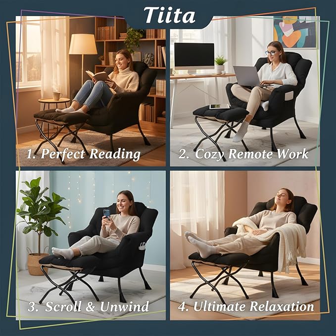 Tiita Lazy Chair with Ottoman, Black Modern Large Accent Chair, Comfy Leisure Sofa Armchair with Ottoman, Reading Chair with Footrest for Bedroom, Living Room, Dorm Rooms, Black
