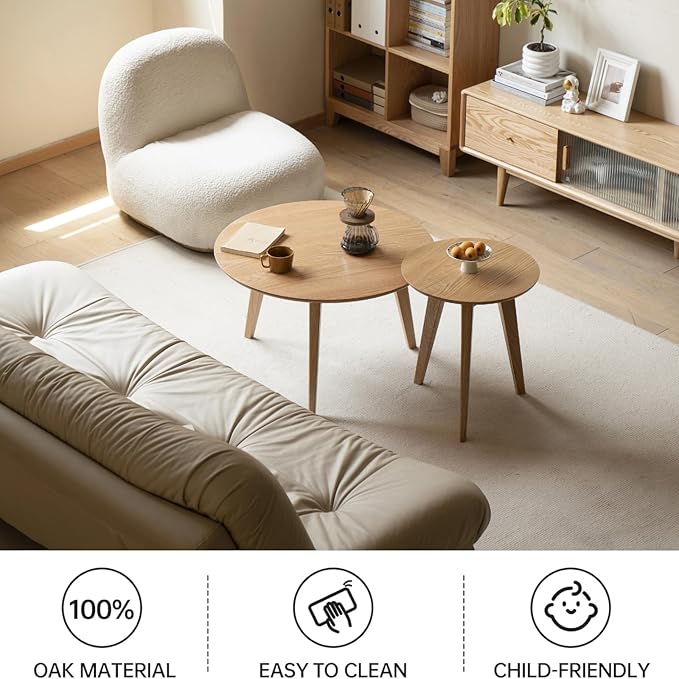 100% Solid Oak Wood Mini Coffee Table, Round Side Table w/Solid Wood Legs, Minimalist Coffee Table w/Sturdy Frame for Bedroom Balcony Living Room (29.53" D x 17.72" H)