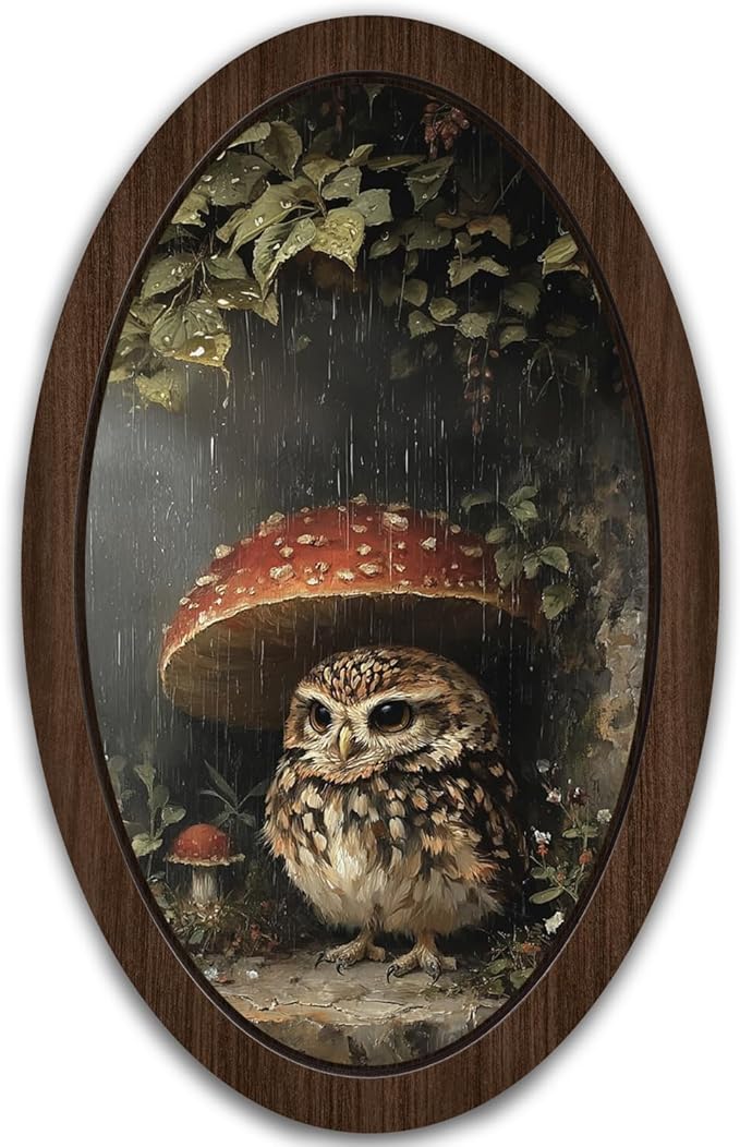 UYIKG Vintage Owl Wall Art Decor,Cute Owl Mushroom Oval Wall Decor,Rustic Cottagecore Animal Botanical Oval Wooden Framed Decorations for Nursery Kids Room Bedroom Living Room 9x14.6 in