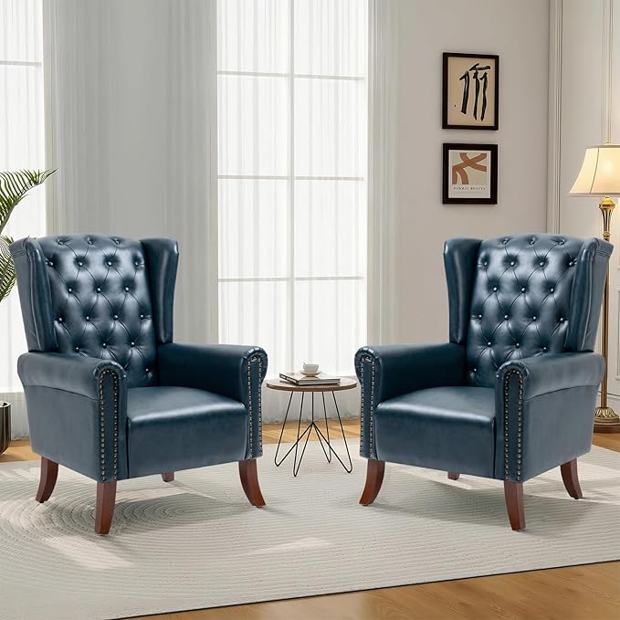 MOJAY Modern PU Leather Accent Chairs Set of 2, Mid-Century Living Room Chairs Upholstered Club Arm Chair, Single Sofa Chair with Solid Wooden Legs for Bedroom Study Home Office Reception (DarkBlue)